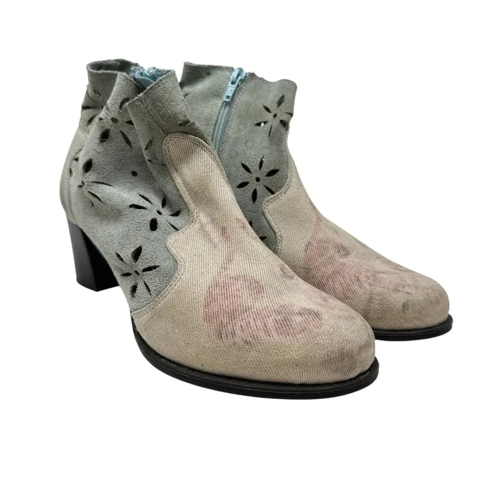 Desigual Ankle Boots Cutwork Tiger Print‎ Heeled Blue Cream Pink Size 41 US 10